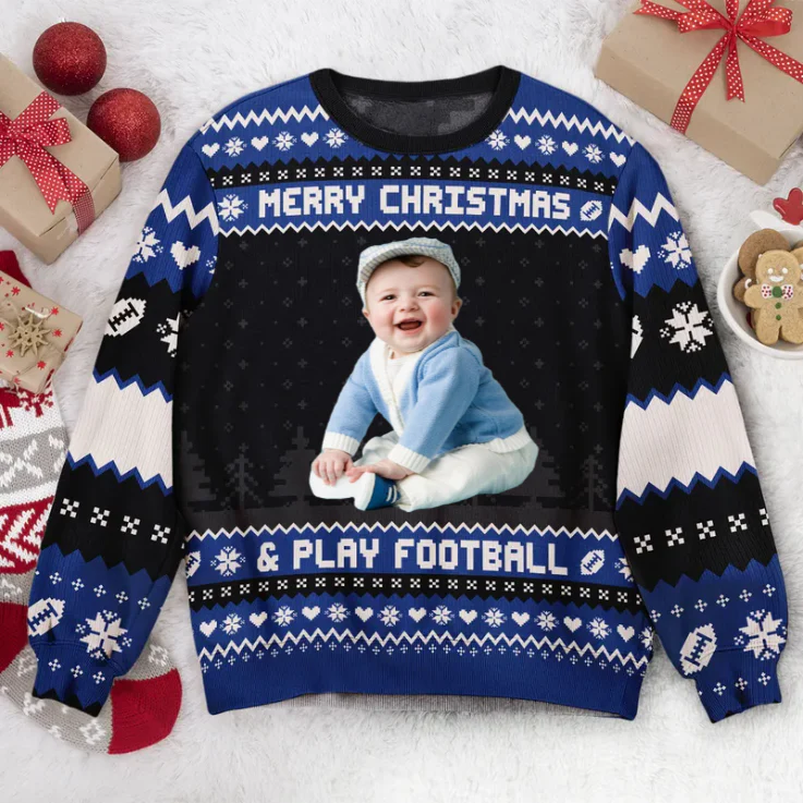 Custom Photo Merry Christmas And Play Football - Personalized Ugly Sweatshirt - Gift for Dad, Grandpa, Husband - Image 3