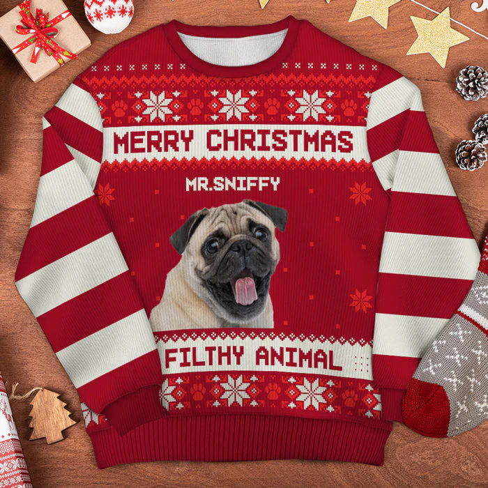 Custom Photo Merry Christmas Ya Filthy Animal - Personalized Ugly Sweater - Christmas Gift For Pet Owners, Pet Lovers - NH96 - Image 2