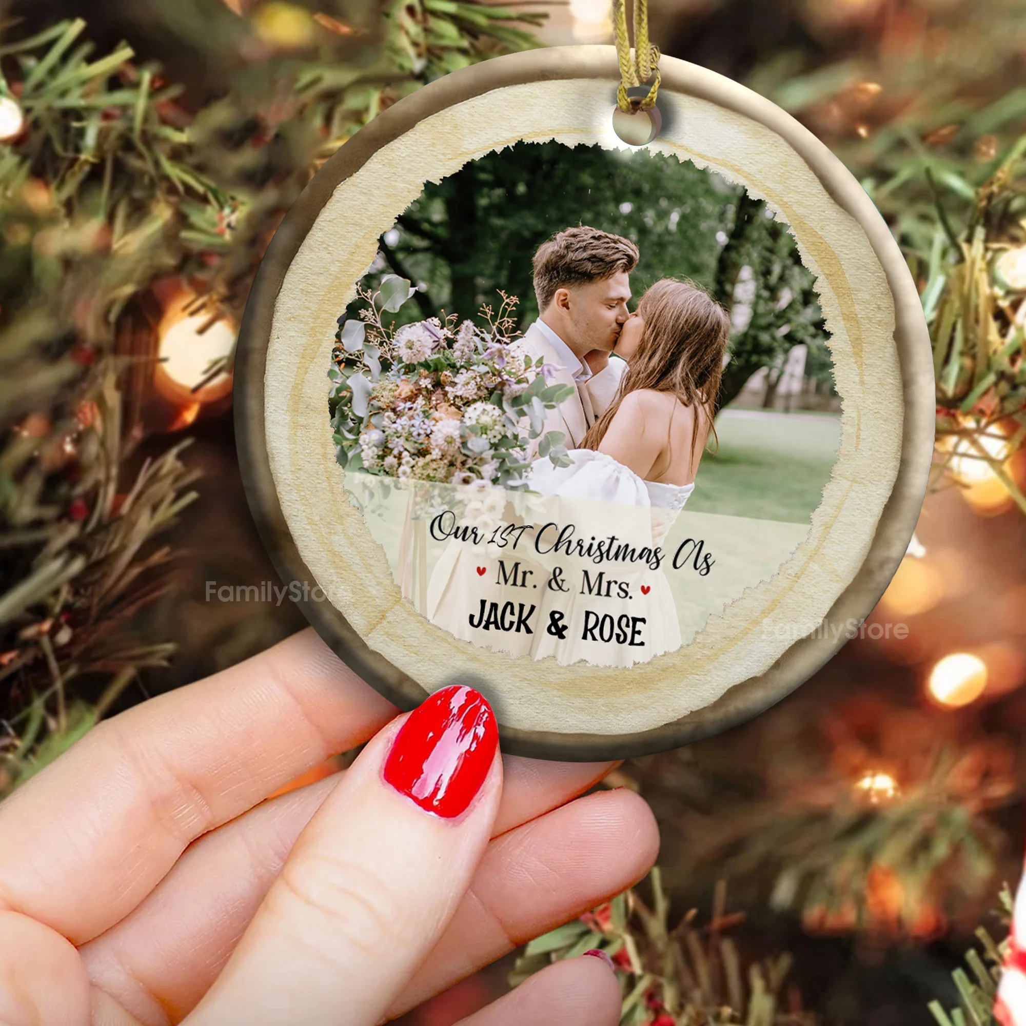 Custom Photo Our First Christmas As Mr & Mrs - Gift for Couples, Wedding - Personalized Ceramic Ornament - Crawl NH96 - Image 3