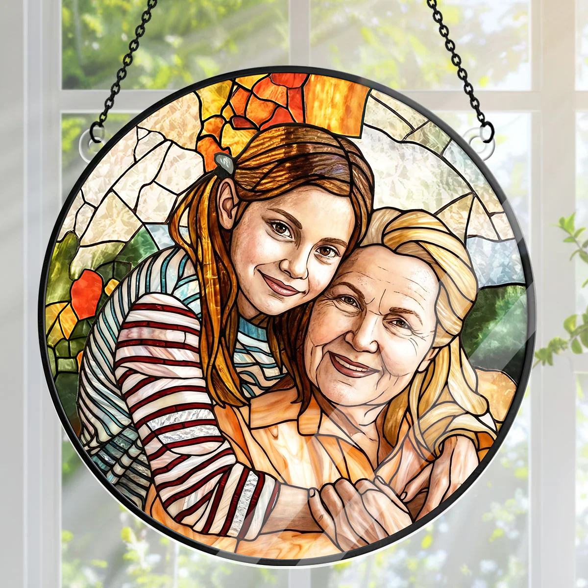 Custom Photo Portrait Parents Family - Personalized Window Hanging Acrylic Suncatcher - Gift For Mom, Grandma HN02