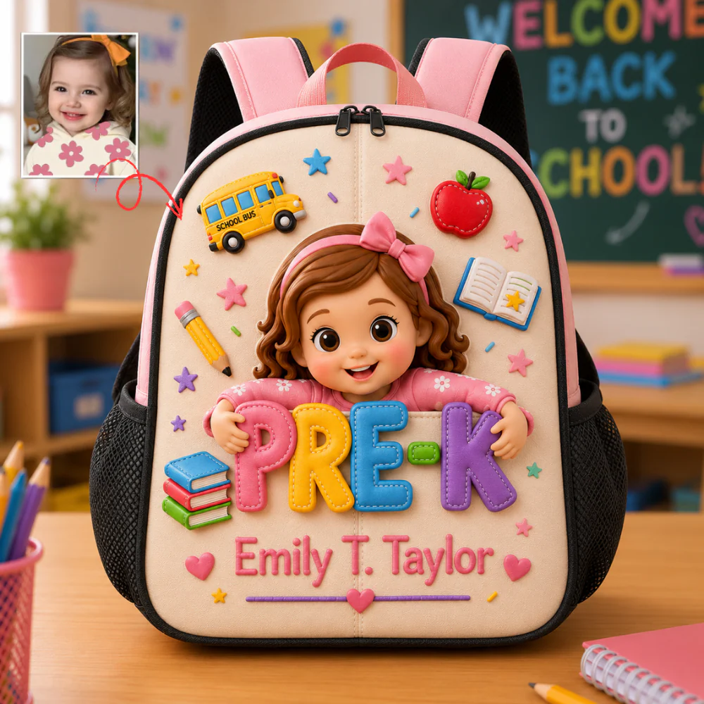 Custom Photo Pre-K Cartoon Kid - Personalized Backpack, Lunch Bag, Pencil Case & Water Bottle - Back to School Gift