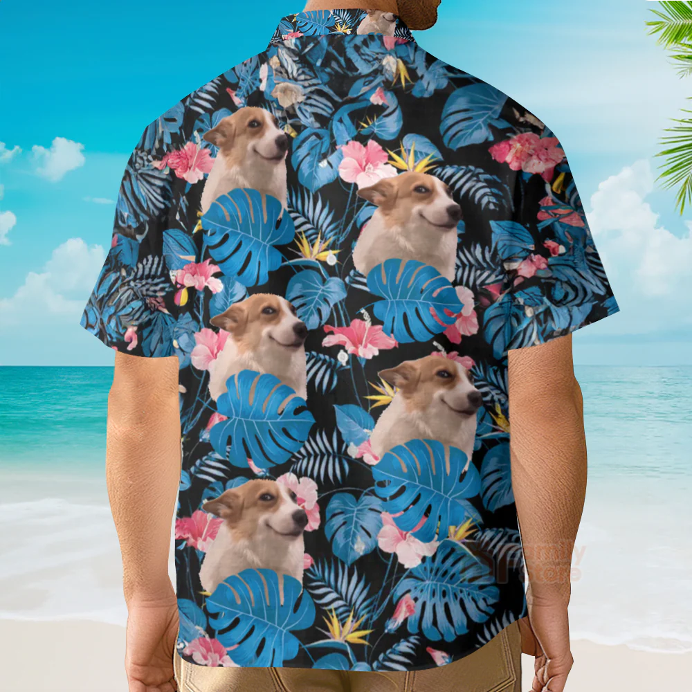 Custom Photo Tropical Leaf With Funny Corgi Dog - Hawaiian Shirt - Image 2