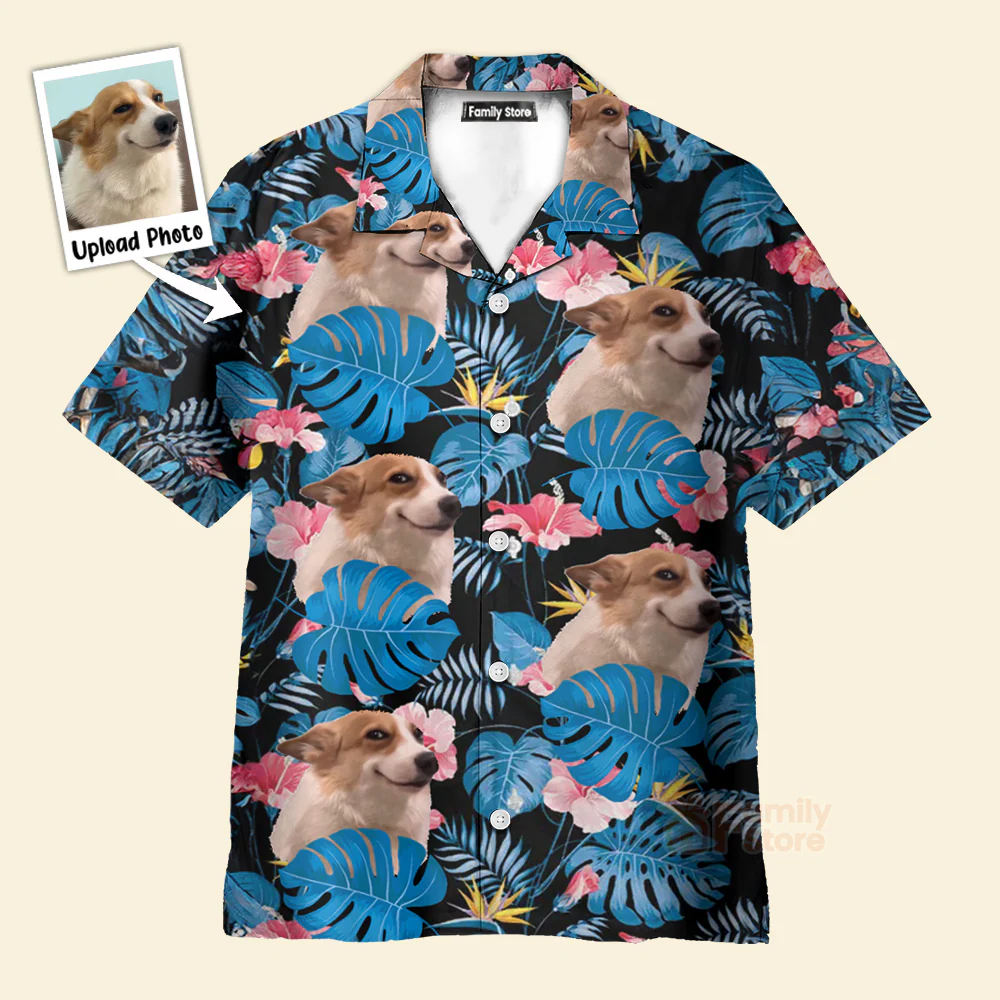 Custom Photo Tropical Leaf With Funny Corgi Dog - Hawaiian Shirt - Image 3