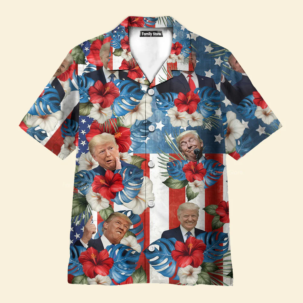 Custom Photo Trump American Flag Tropical Independence Day Hawaii Shirt - Image 2