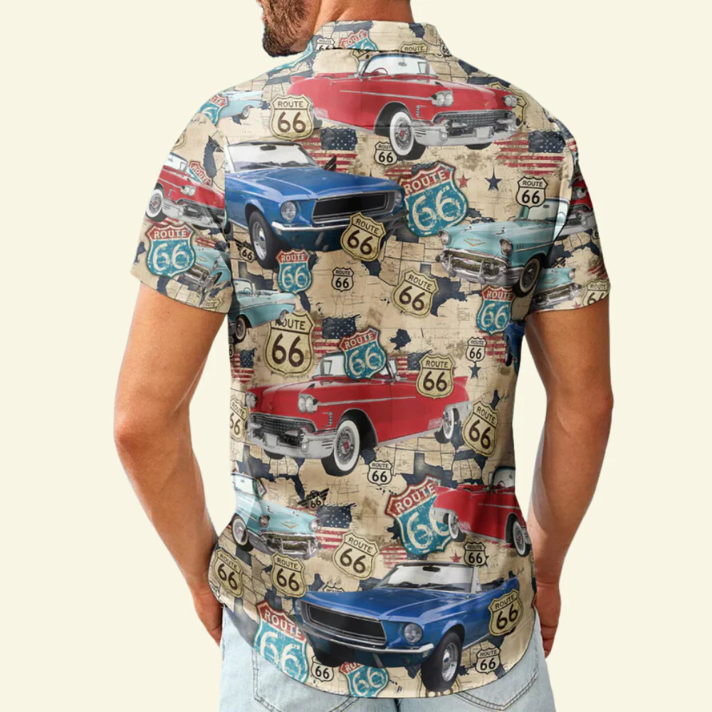Custom Photo Vintage Cars Muscle US Flag - Gift For Car Lovers - Personalized Hawaiian Shirt - Image 2