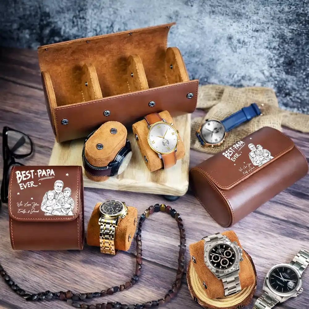 Custom Photo Watch Storage Case Best Dad Grandpa Ever - Personalized Leather Watch Case - Gifts For Dad, Grandpa - Image 2