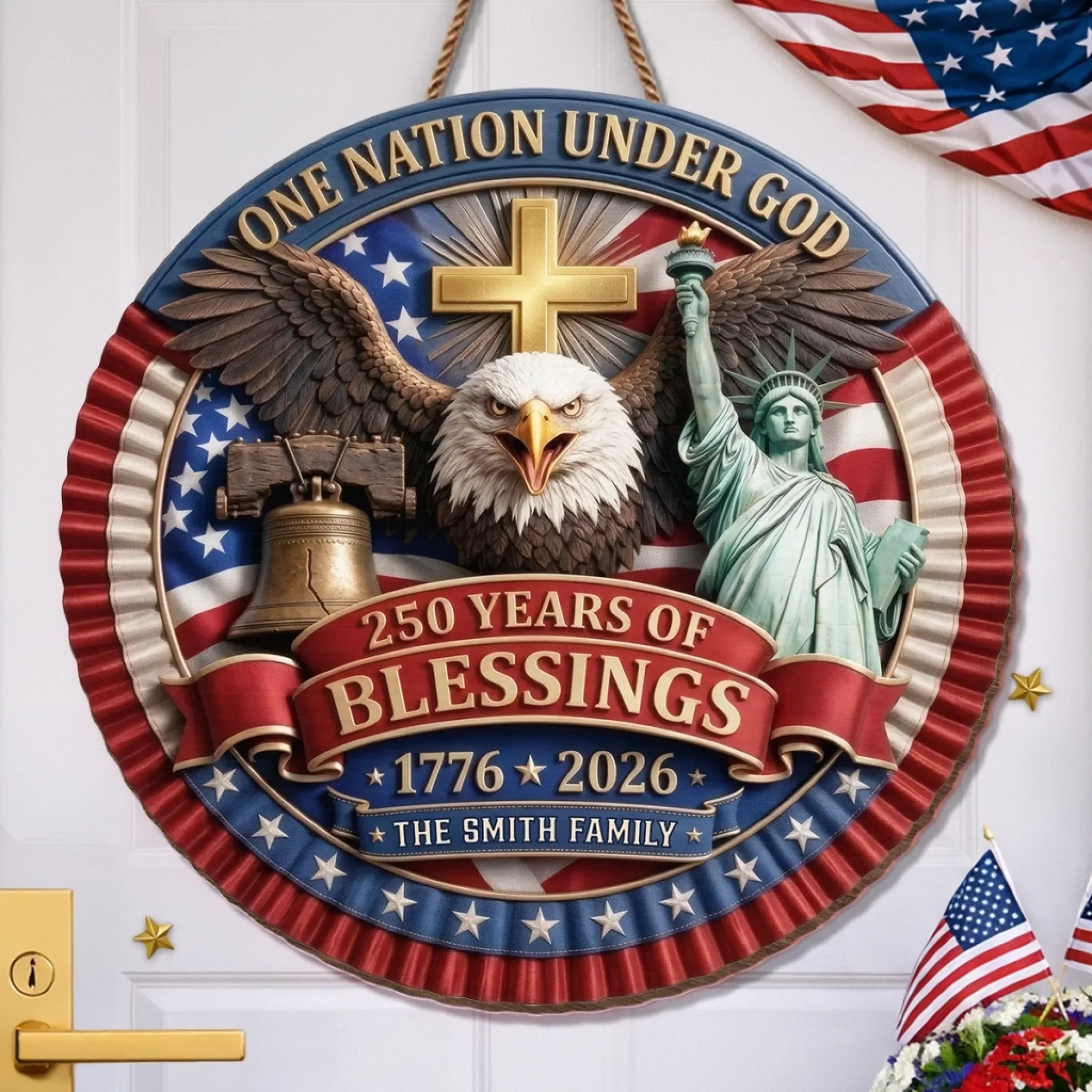 Custom Wood Sign - Personalized America 250th Anniversary Gifts For Mom, Dad, Brother, Sister, Kids - One Nation Under God
