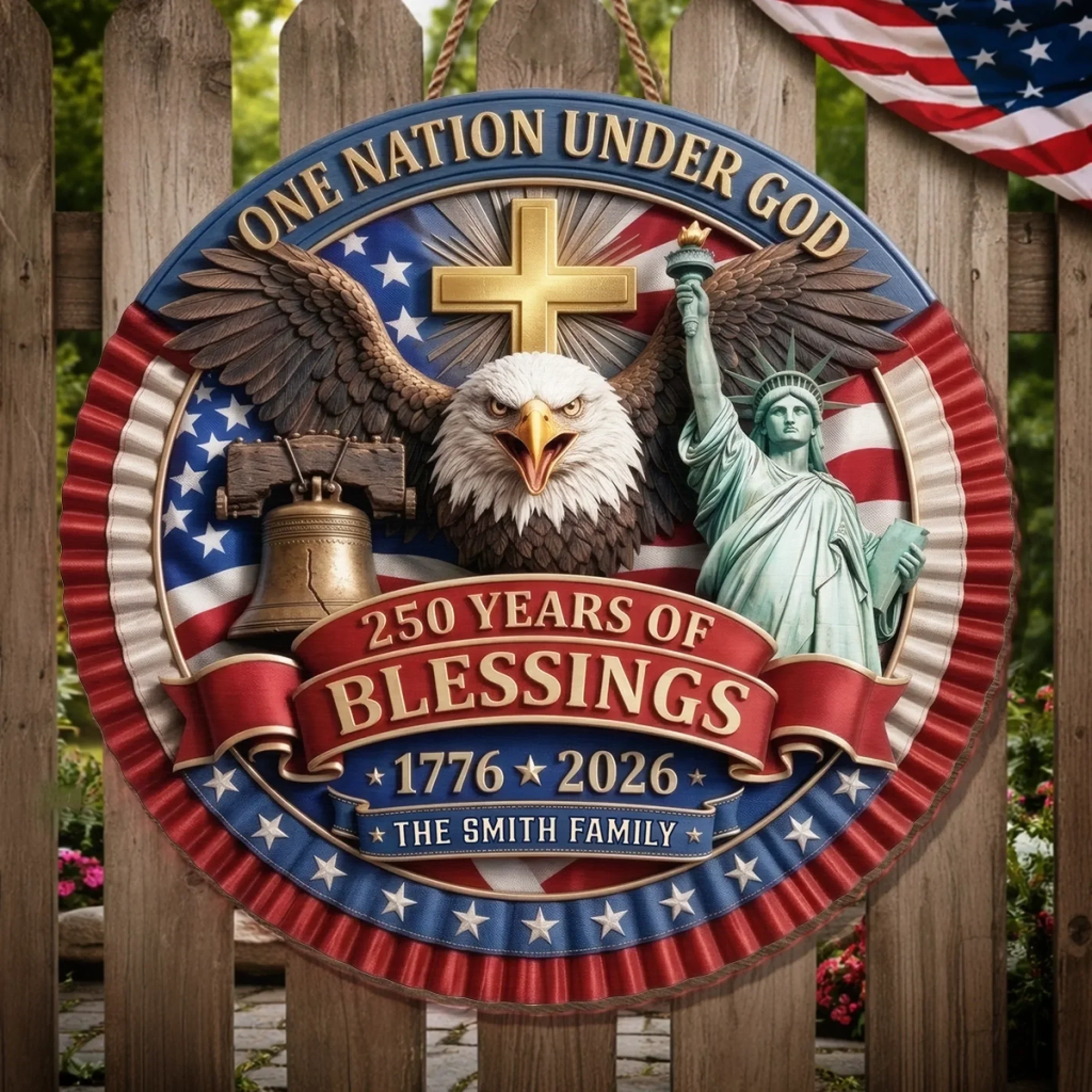 Custom Wood Sign - Personalized America 250th Anniversary Gifts For Mom, Dad, Brother, Sister, Kids - One Nation Under God - Image 3