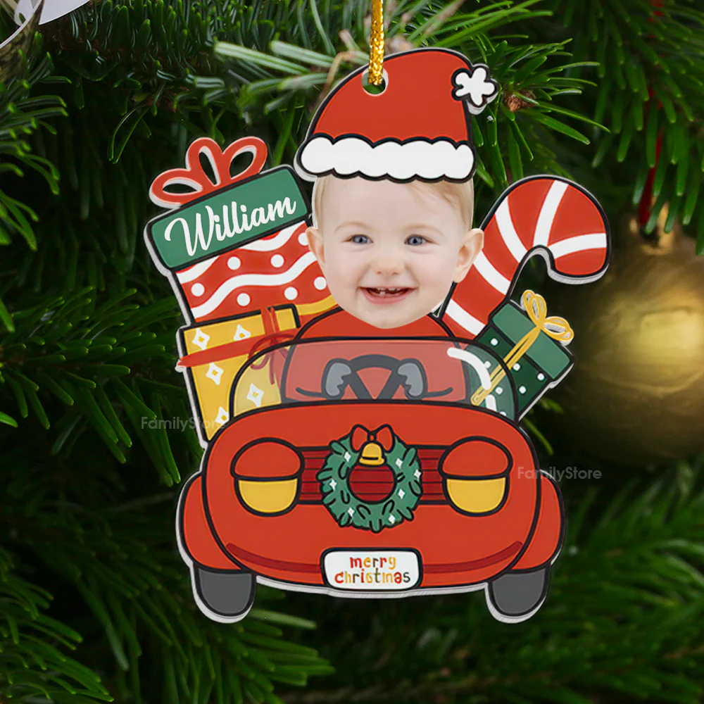 Custom Photo Cute Baby Santa Claus Drive Christmas Car - Gift For Family - Personalized Acrylic Ornament NA94