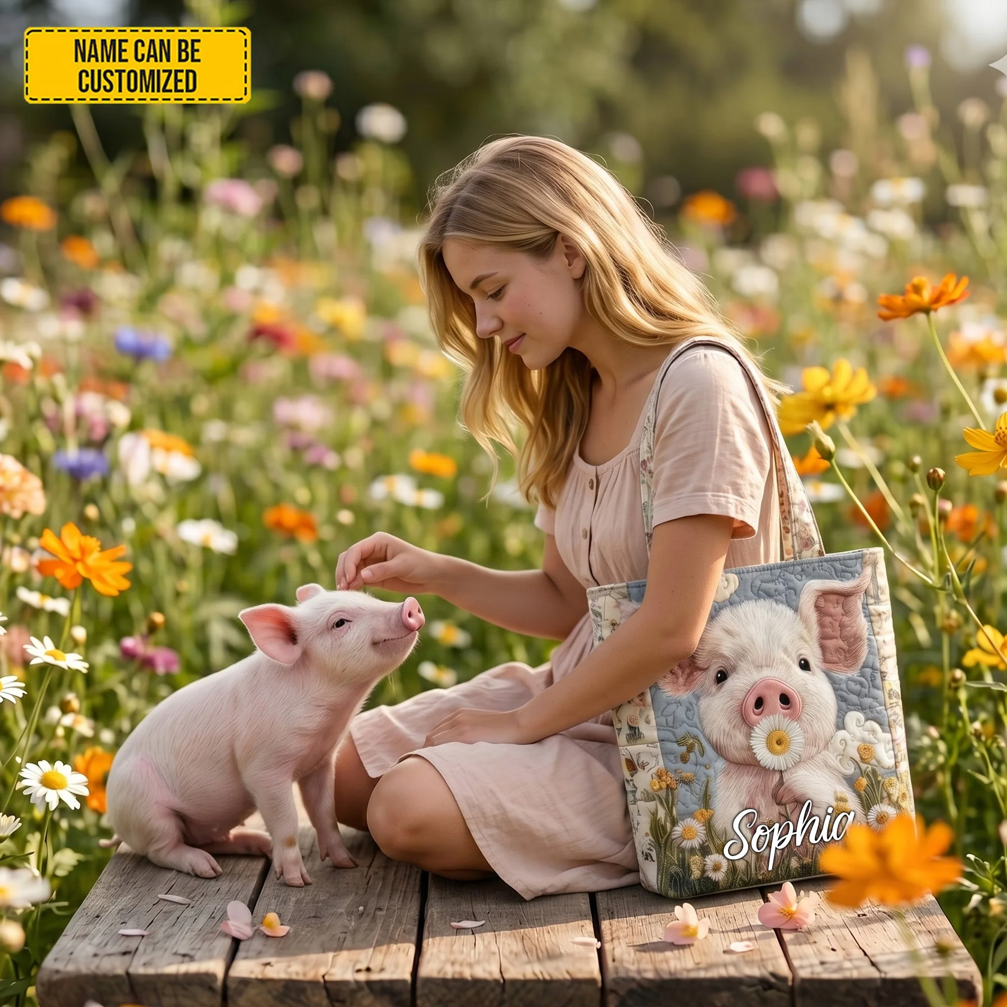 Cute Farm Piglet And Daisy - Personalized Quilted Tote Bag - Gift For Her - Image 7
