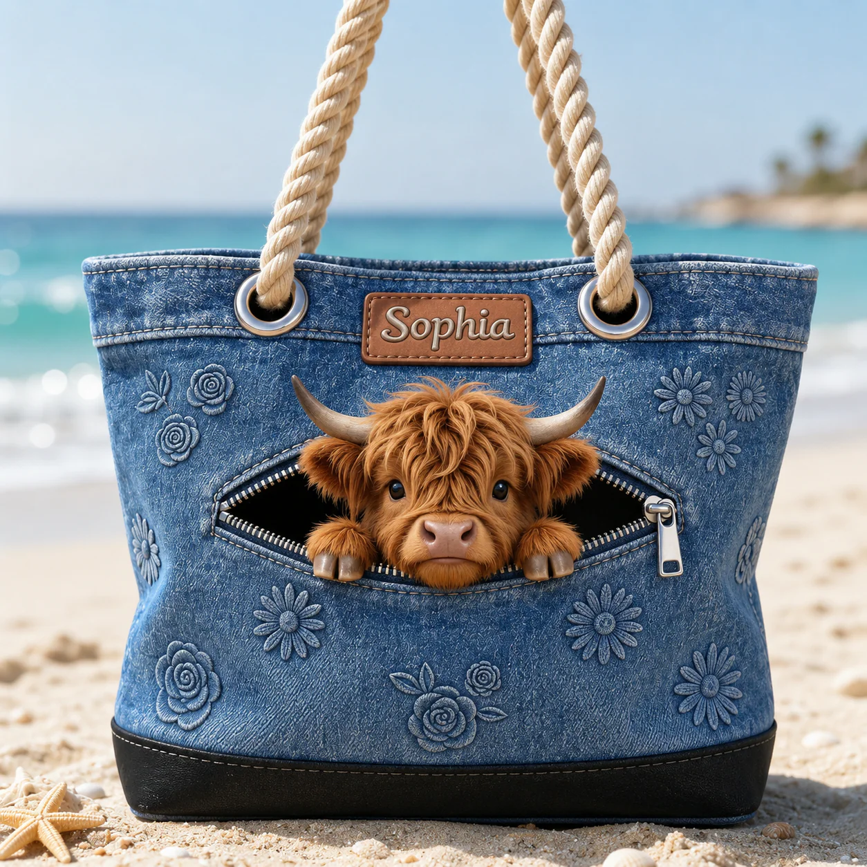 Cute Highland Cow Peeking Denim Floral - Personalized Beach Bag - Gift For Farmer