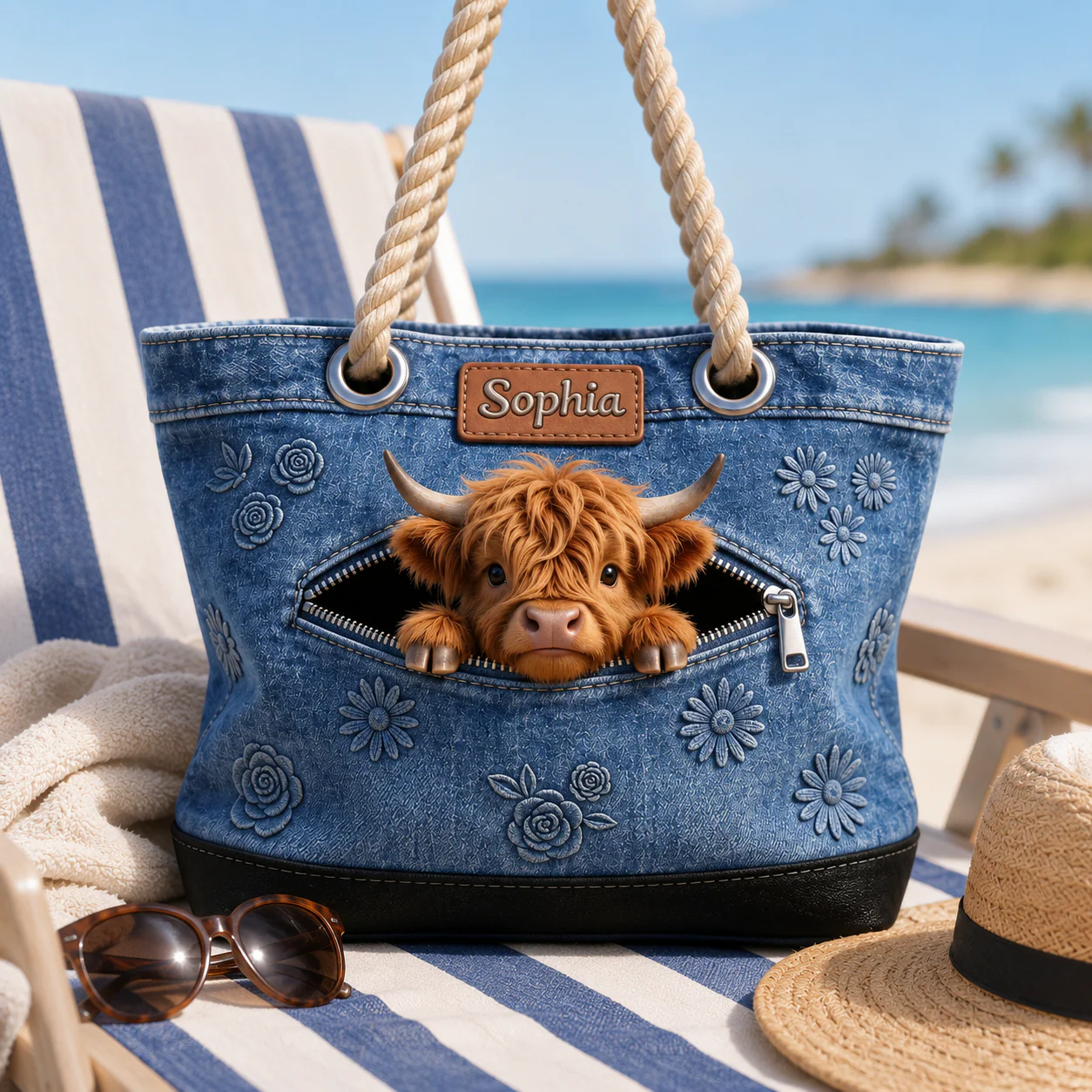 Cute Highland Cow Peeking Denim Floral - Personalized Beach Bag - Gift For Farmer - Image 2