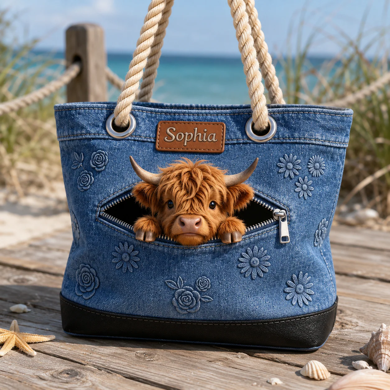 Cute Highland Cow Peeking Denim Floral - Personalized Beach Bag - Gift For Farmer - Image 3