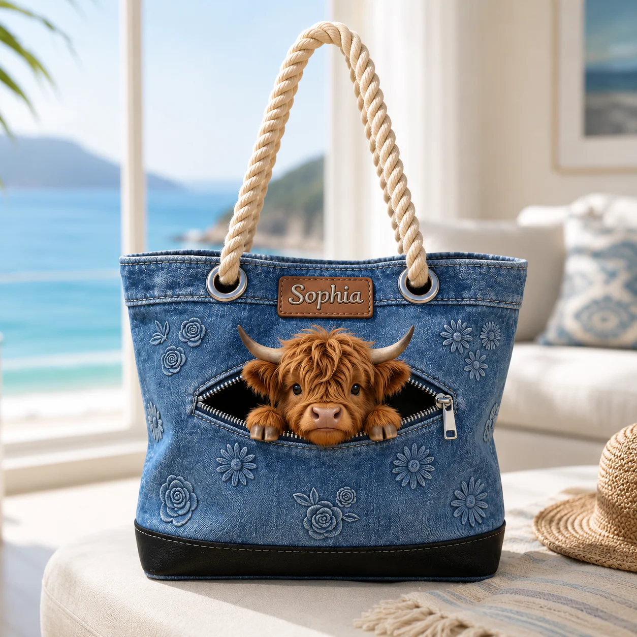 Cute Highland Cow Peeking Denim Floral - Personalized Beach Bag - Gift For Farmer - Image 4
