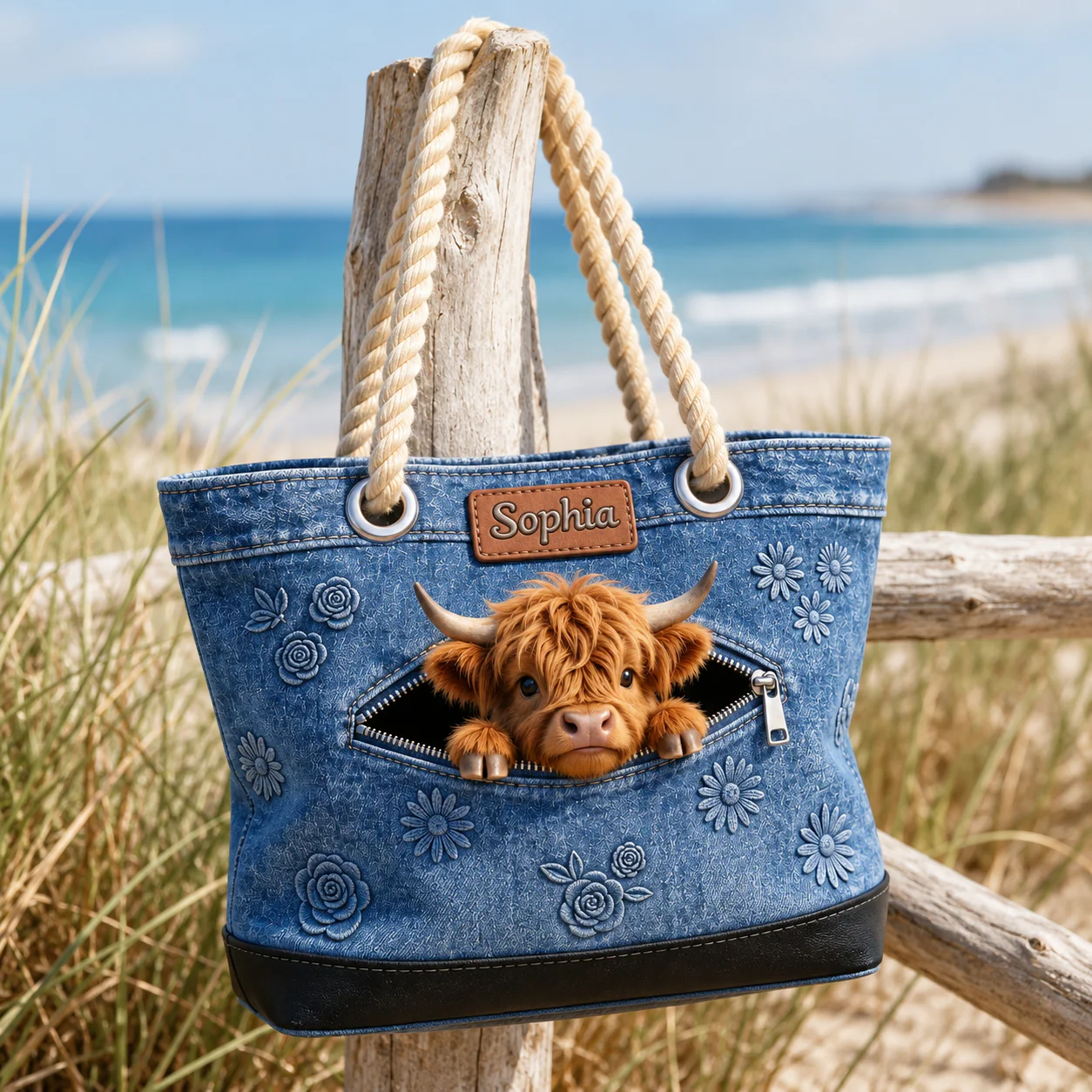 Cute Highland Cow Peeking Denim Floral - Personalized Beach Bag - Gift For Farmer - Image 6