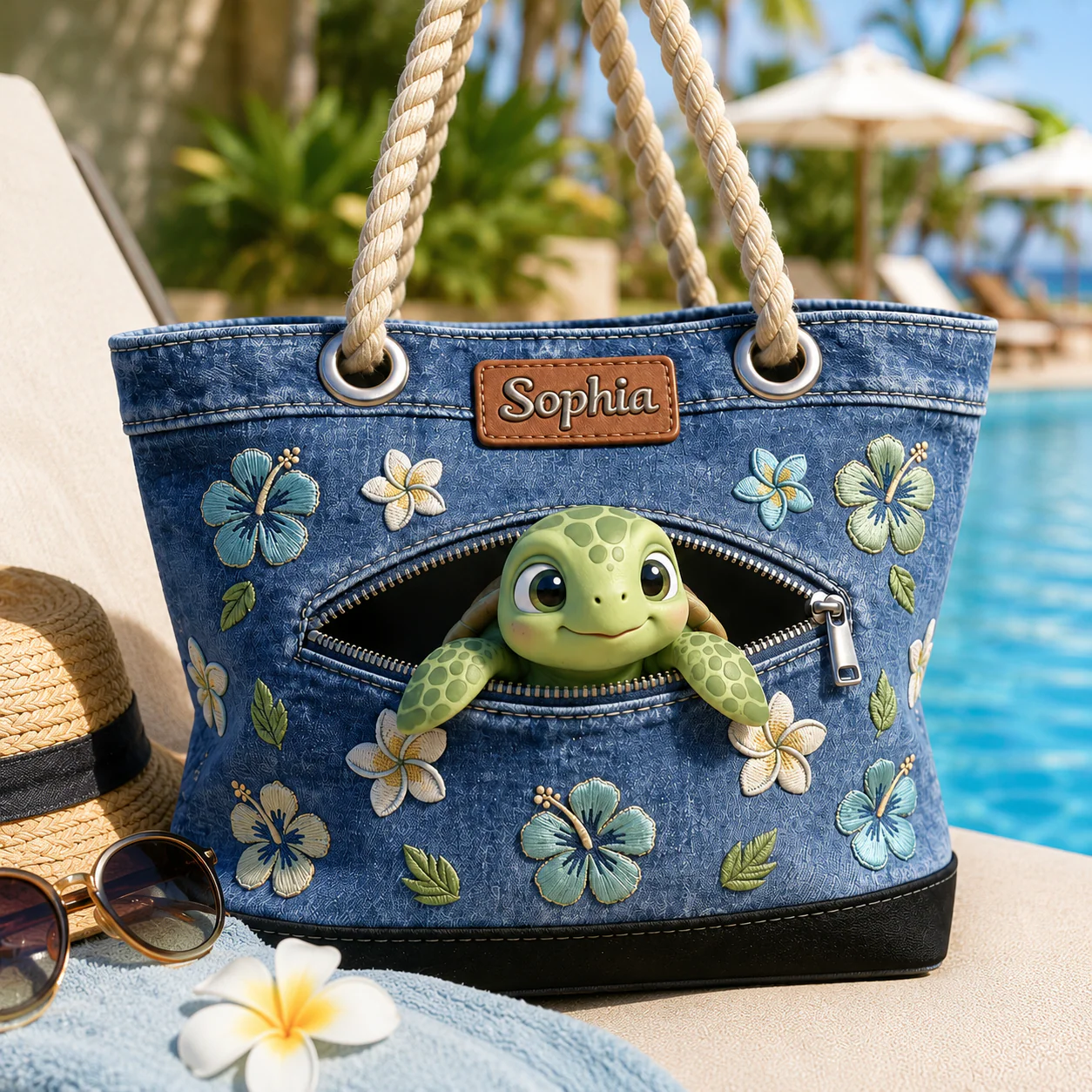 Cute Sea Turtle Peeking Denim Tropical Flower - Personalized Beach Bag - Gift For Her - Image 4