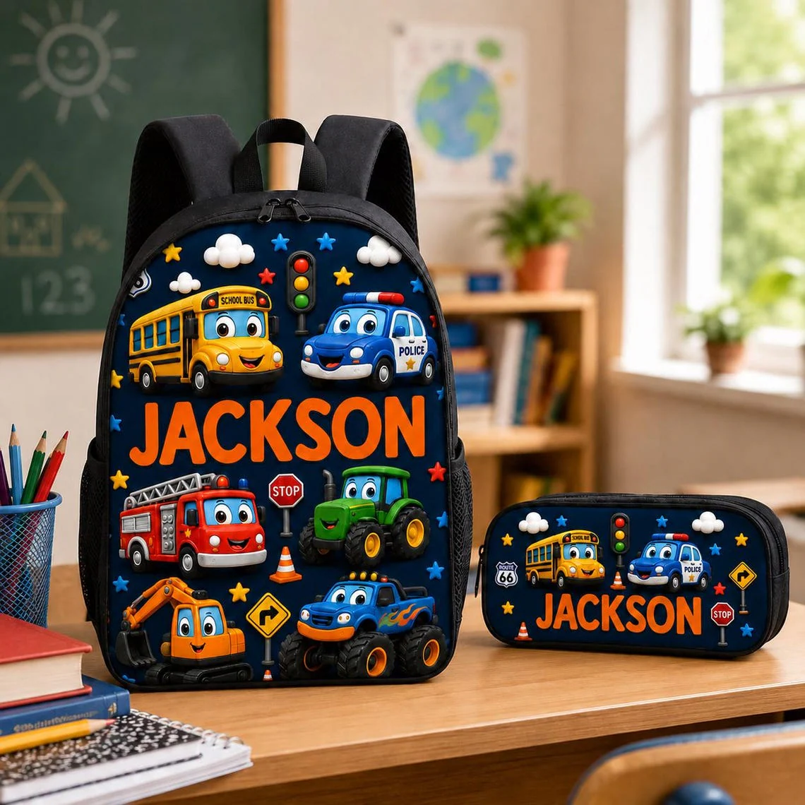 Cute Vehicle School Bus Police Car Fire Truck - Personalized Backpack, Lunch Bag, Pencil Case & Water Bottle - Back to School Gift For Kids - Image 4