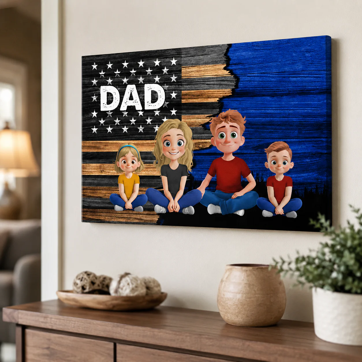 Dad Grandpa Papa Back View Sitting With Kids American Flag - Personalized Poster Canvas - Gift For Dad - Image 2
