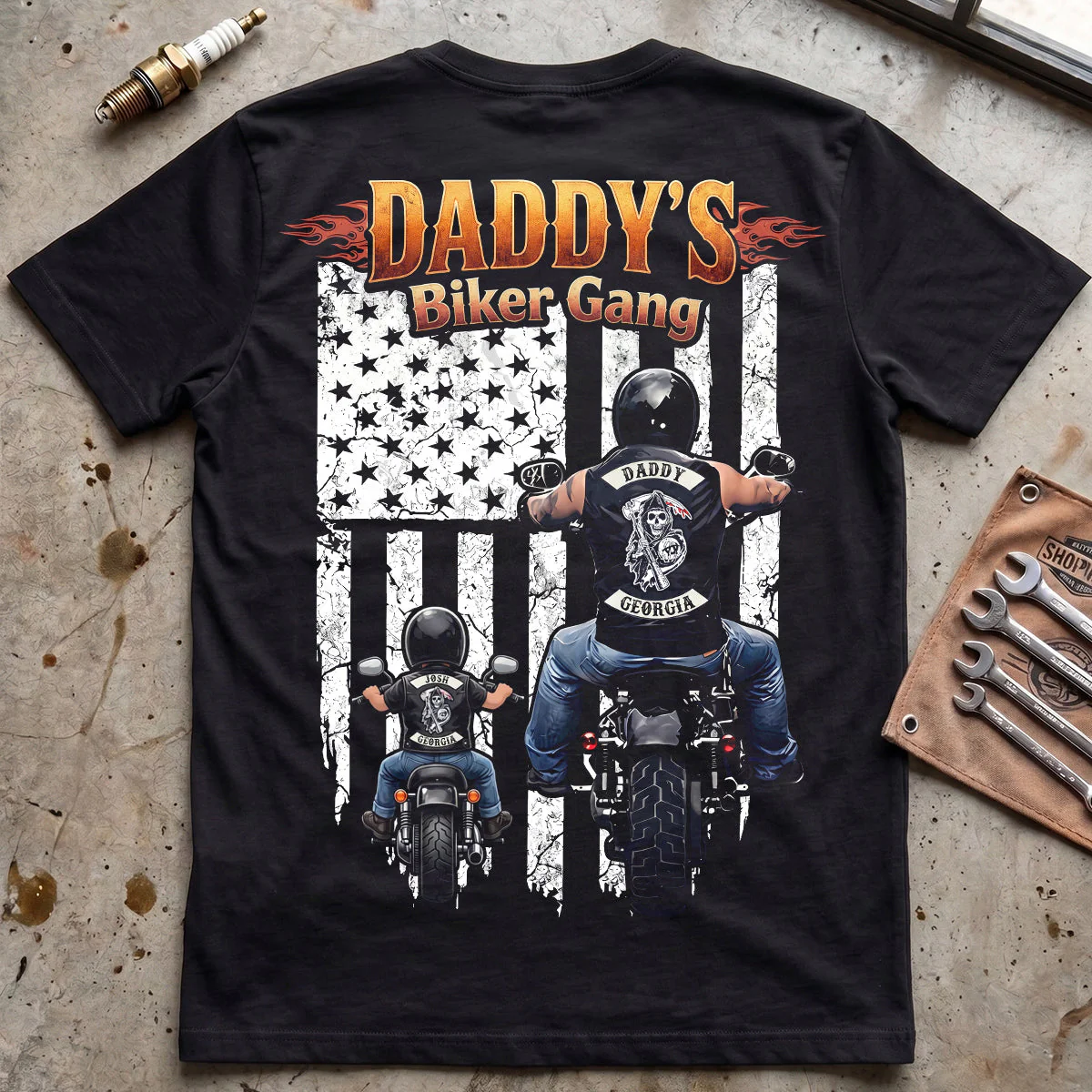 Daddy's Motorcycle Gang American Flag - Personalized Shirt - Gifts For Biker Dad - Image 2
