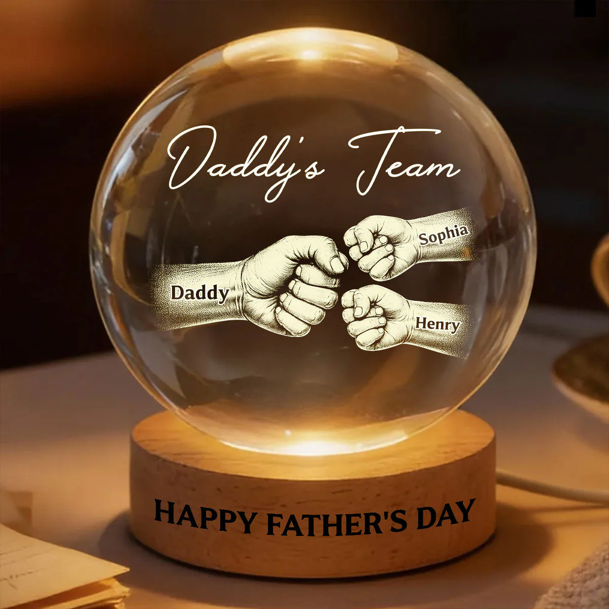 Daddy's Team Fist Bump - Personalized Crystal Globe Lamp - Gift For Dad - Image 2