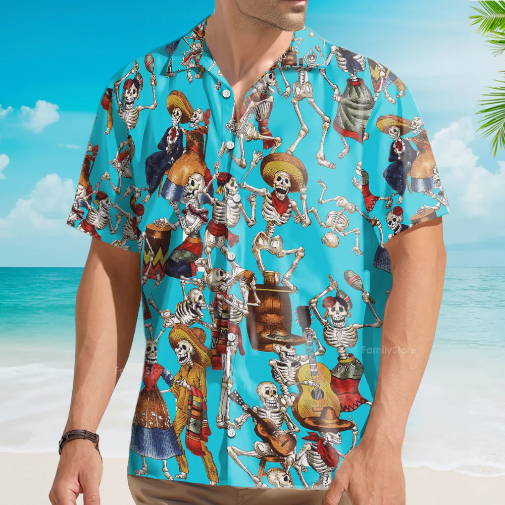 Day Of The Dead Skeleton Short Sleeve Casual Hawaiian Shirt For Men - Image 3