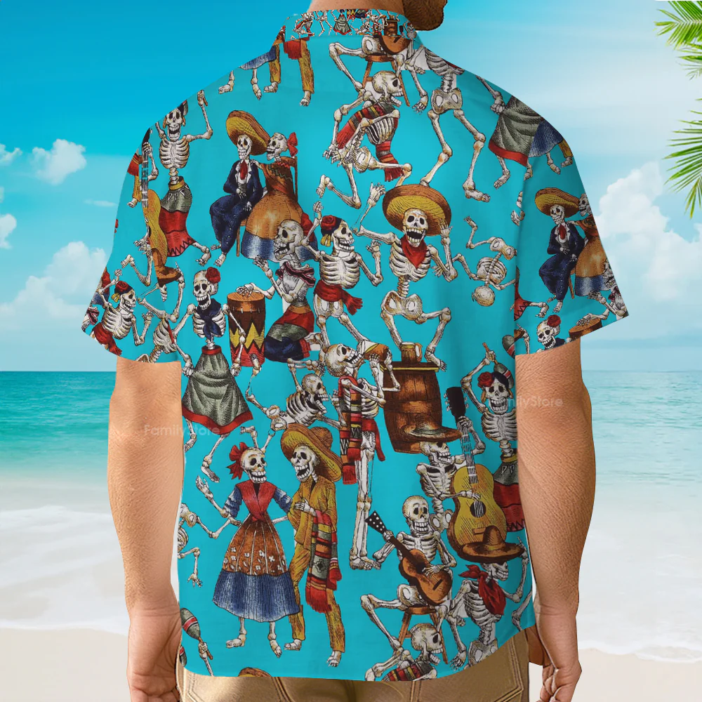 Day Of The Dead Skeleton Short Sleeve Casual Hawaiian Shirt For Men - Image 4