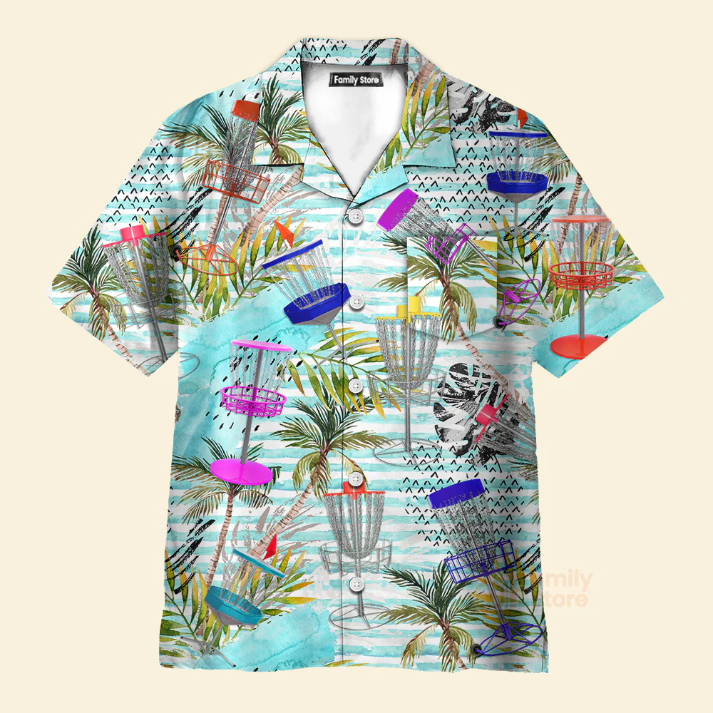 Disc Golf Tropical Palm Trees Pattern Aloha Hawaiian Shirts For Men, Women - Image 2