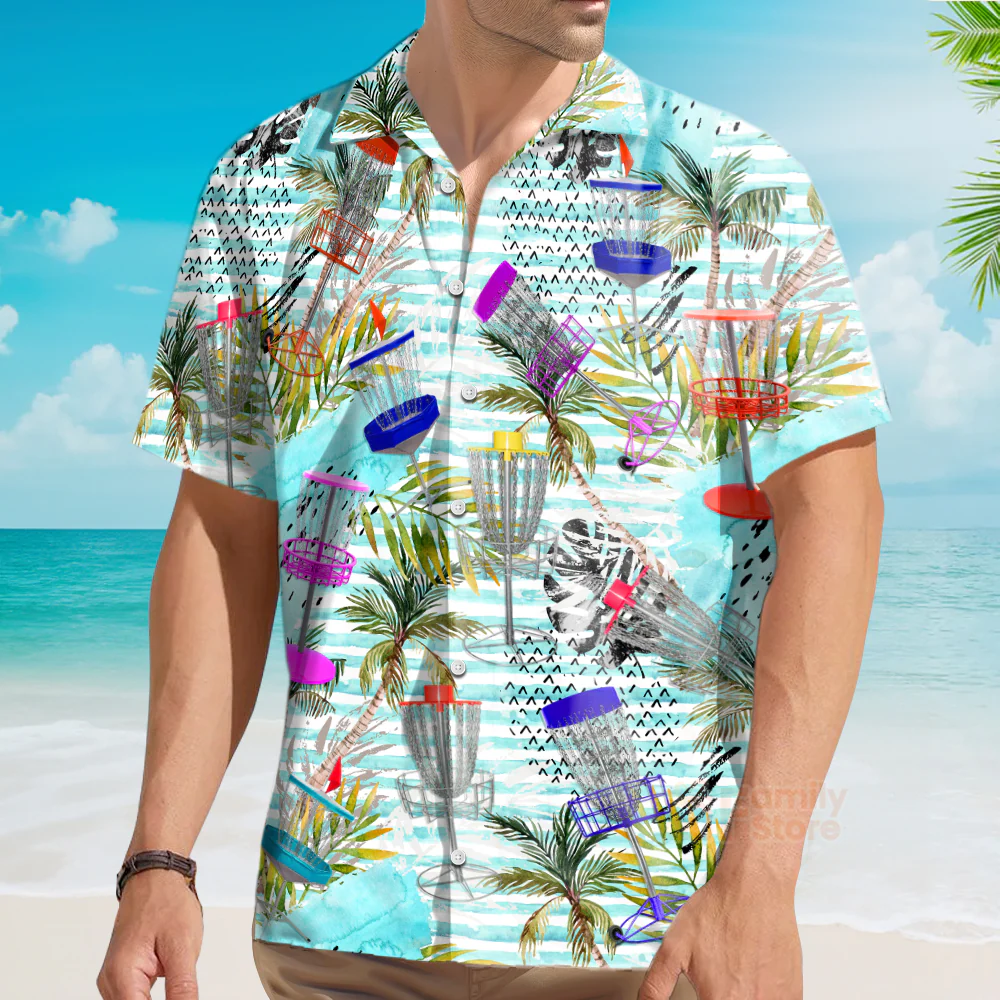 Disc Golf Tropical Palm Trees Pattern Aloha Hawaiian Shirts For Men, Women - Image 4
