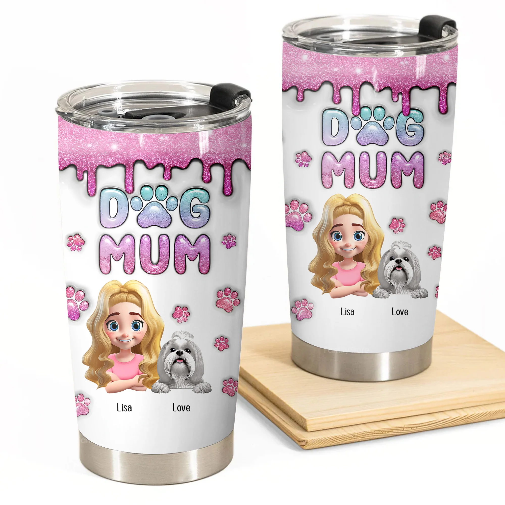 Dog Mom Glitter 3D Inflated Effect Cartoon Dog - Personalized Tumbler Cup - Gift for Pet Owners, Pet Lovers, Dog Mom | CLP16 NH96
