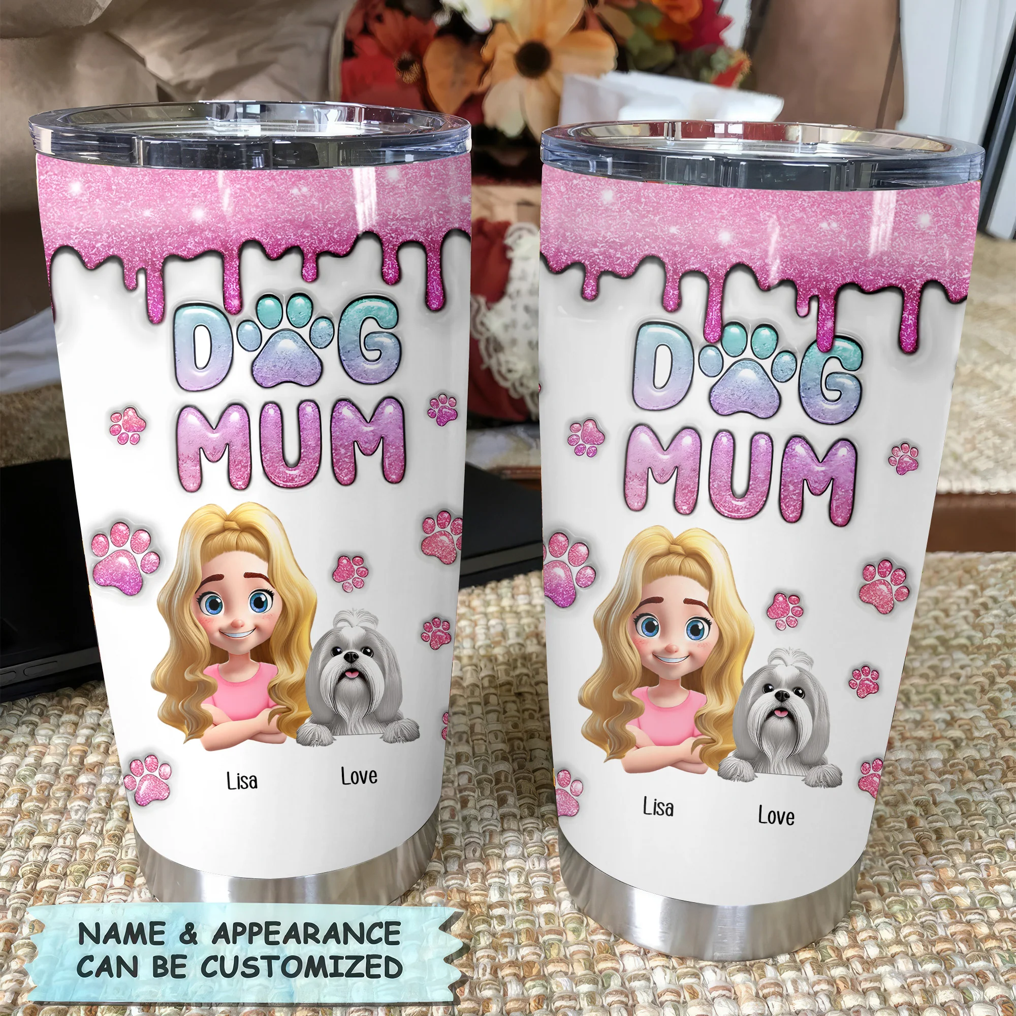Dog Mom Glitter 3D Inflated Effect Cartoon Dog - Personalized Tumbler Cup - Gift for Pet Owners, Pet Lovers, Dog Mom | CLP16 NH96 - Image 2