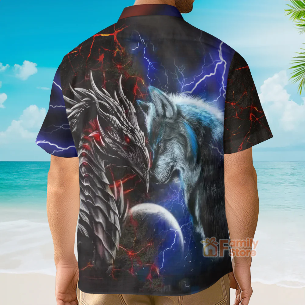 Dragon And Wolf Red And Blue - Hawaiian Shirt - Image 4