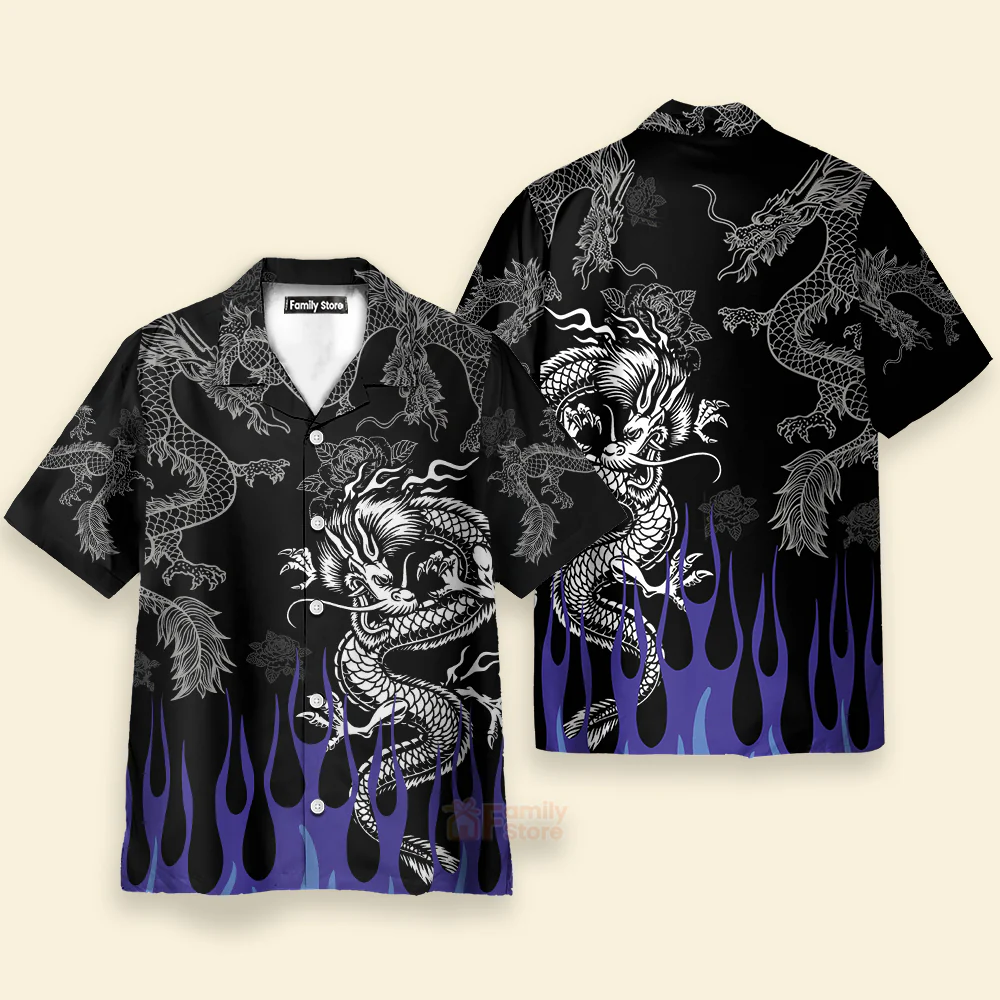 Tribal Tattoo Dragon With Blue Flame Hawaiian Shirt - Image 2