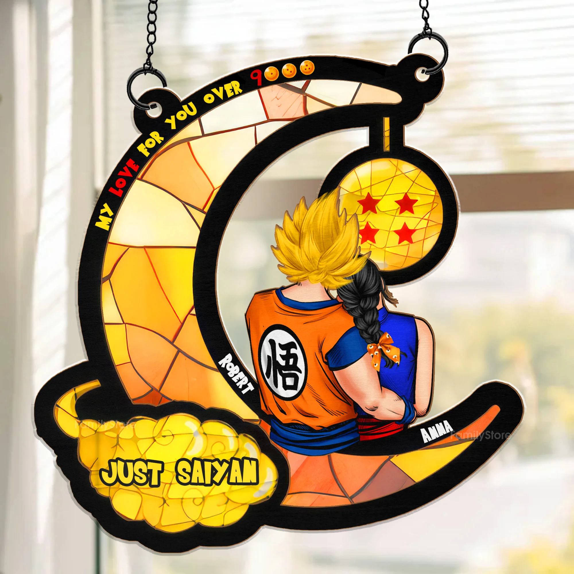 DrBa My Love For You Is Over 9000 - Personalized Windown Hanging Suncatcher - Christmas Gift For Couple | CL18 HH01