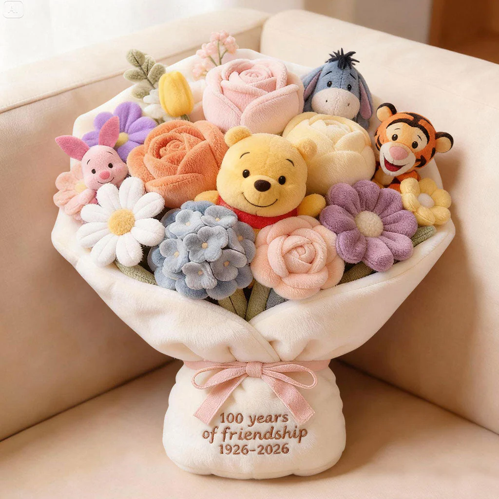DSNY Honey Bear 100 Years Of Friendship Bouquet - Personalized Custom Shaped Pillow - Anniversary Gift For Movie Fans NL122