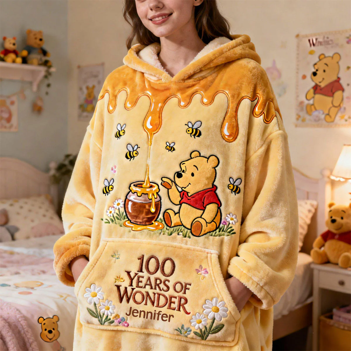 DSNY Honey Bear 100 Years Of Wonder - Personalized Blanket Hoodie - Gift For Movie Fans NL122