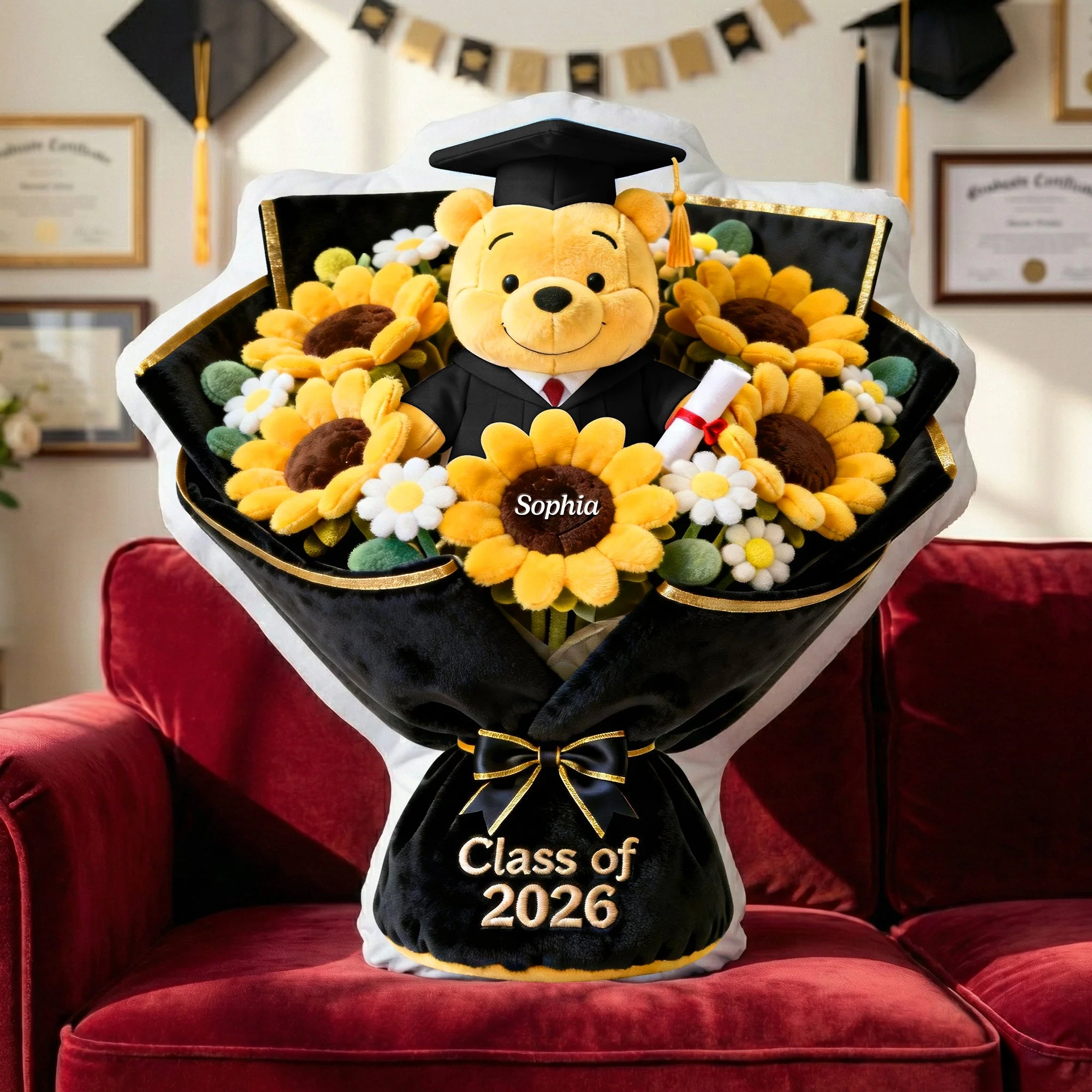 DSNY Honey Bear Class Of 2026 - Sunflower Bouquet - Personalized Custom Shaped Pillow - Gifts For Graduation, Fan Movies HH01 - Image 2