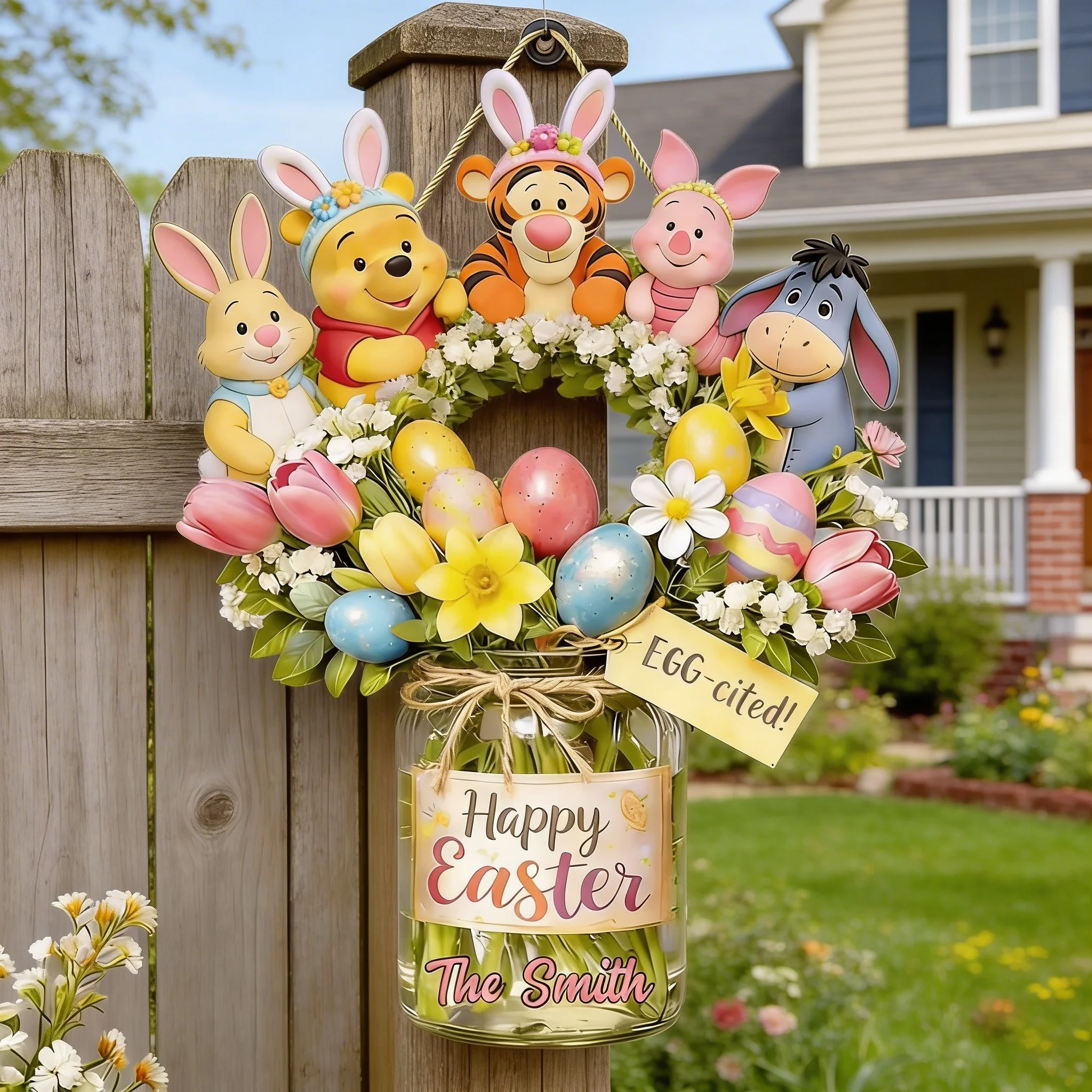 DSNY Honey Bear Happy Easter Family Wreath - Personalized Custom Shaped Wood Sign - Gift For Family, Easter's Day NL122 - Image 2