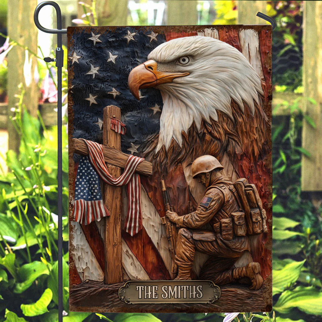 Eagle Kneeling Soldier Christ Cross Flag - Gift For Veteran, Patriotic