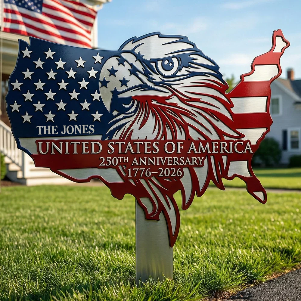 Eagle Of Proud Land - Personalized Metal Stake Garden - Patriotic Gift For Family