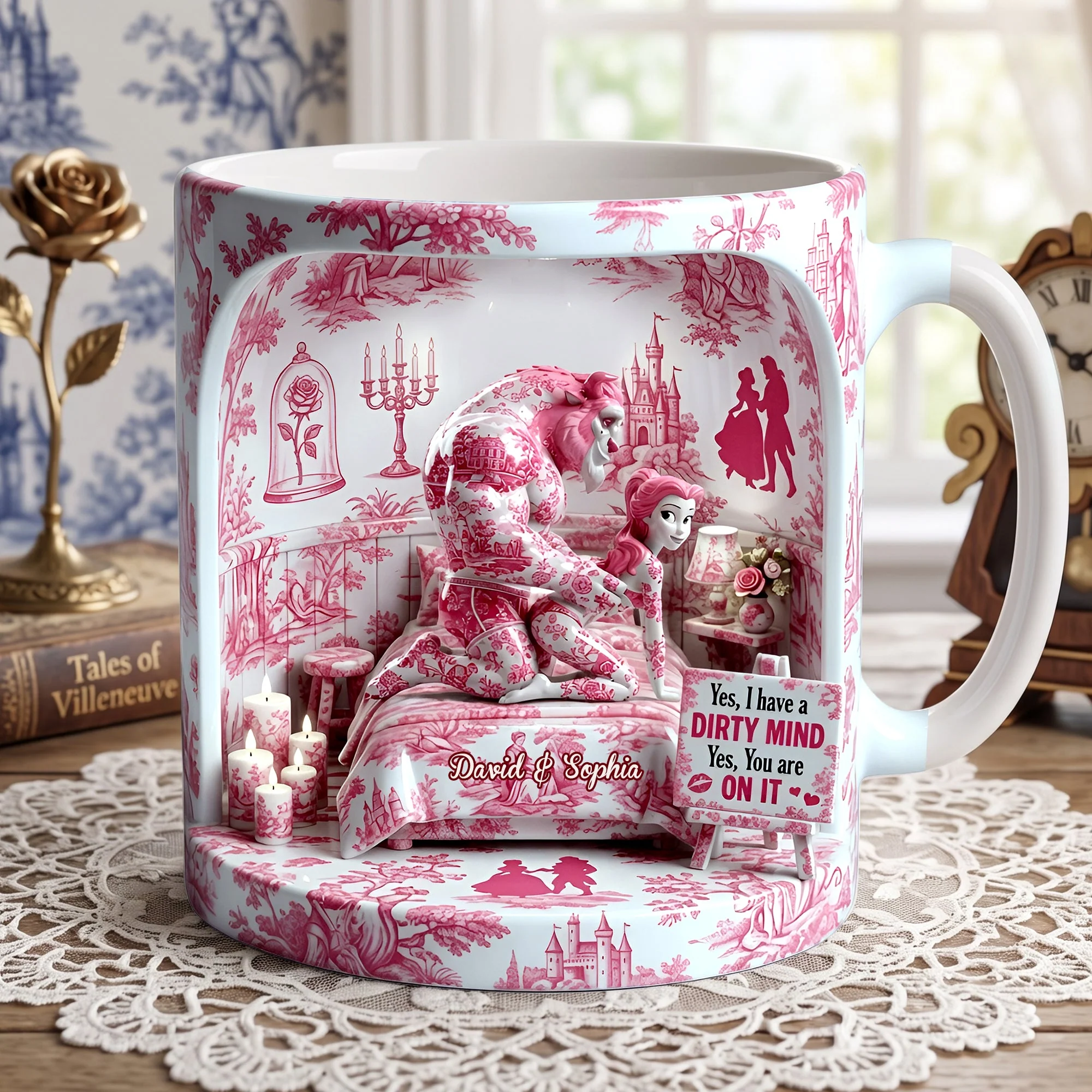 Fairy Tale Romance Toile De Jouy - Personalized White Mug - Gift For Couple - DSNY