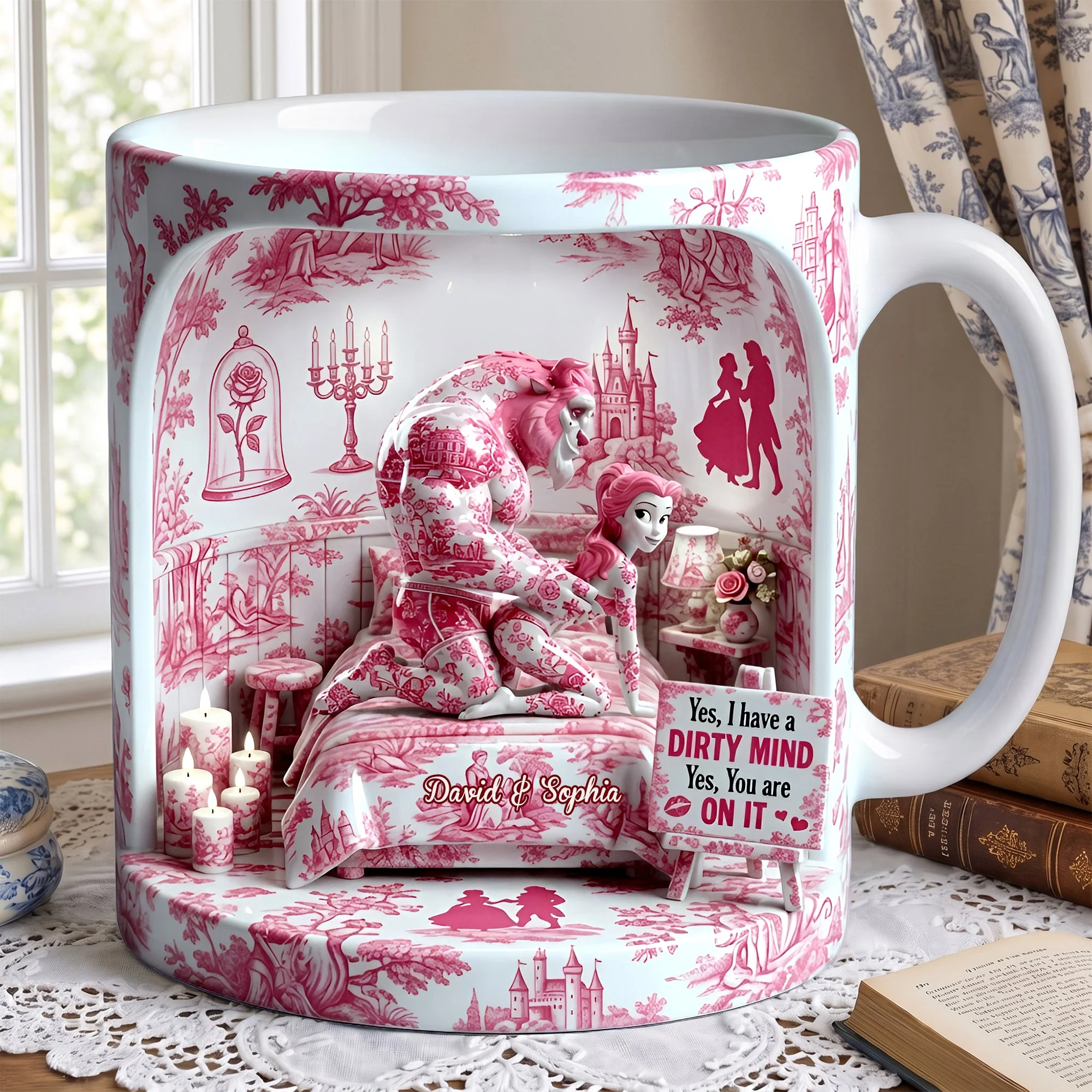 Fairy Tale Romance Toile De Jouy - Personalized White Mug - Gift For Couple - DSNY - Image 3
