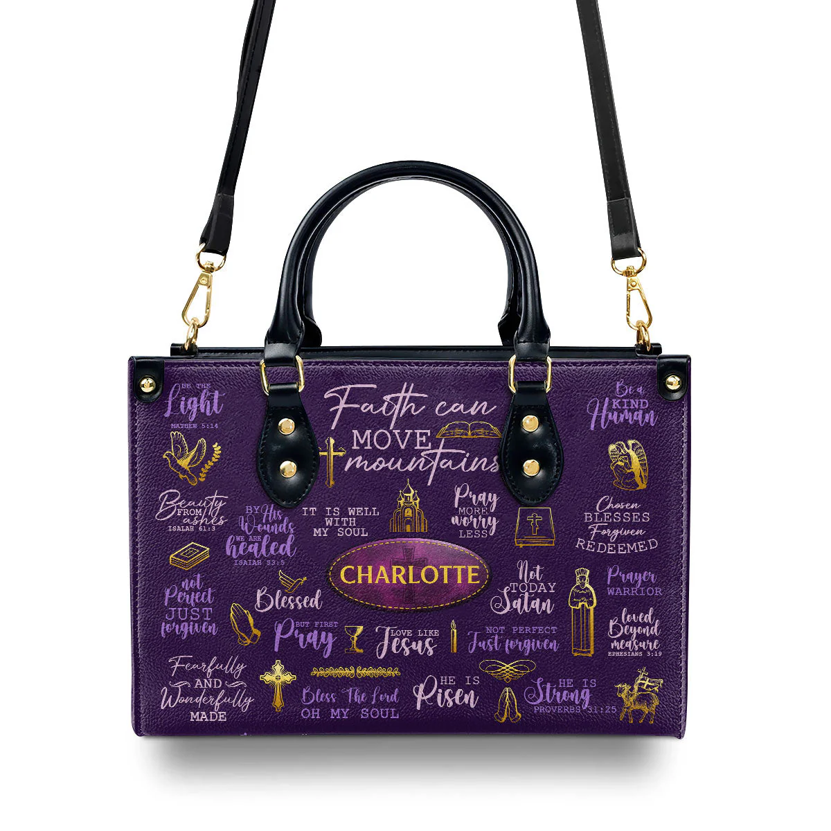 Faith Can Move Mountains Purple Bible Verses - Personalized Leather Handbag - Christian Gift For Women HD95 - Image 4