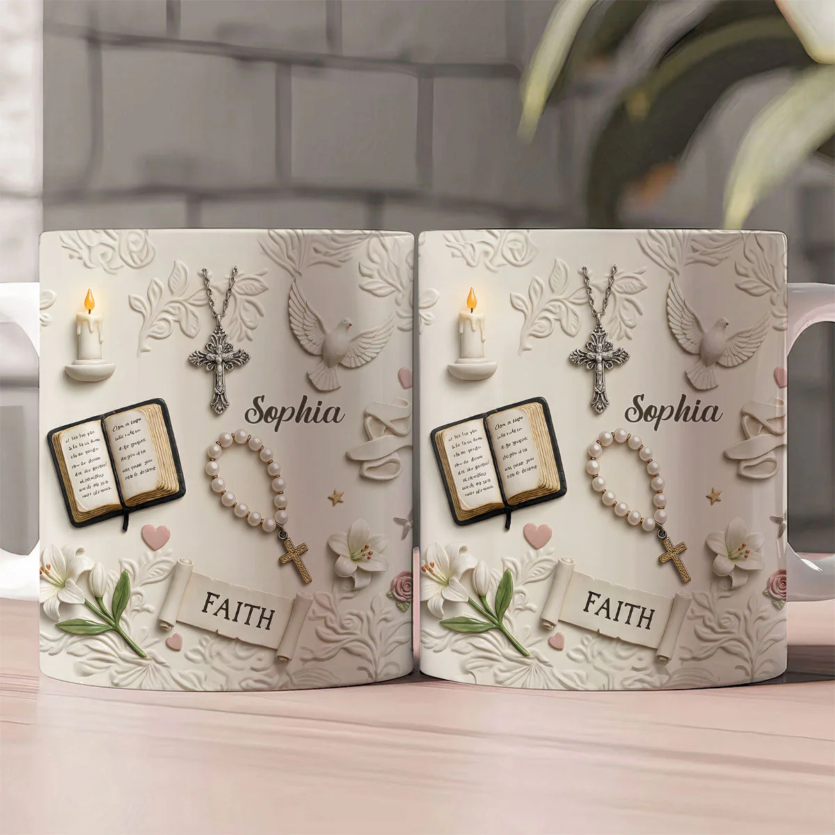 Faith Christian Cross & Rosary - Custom 3D Inflated Effect Personalized Mug - Christian Gift BA01 - Image 2