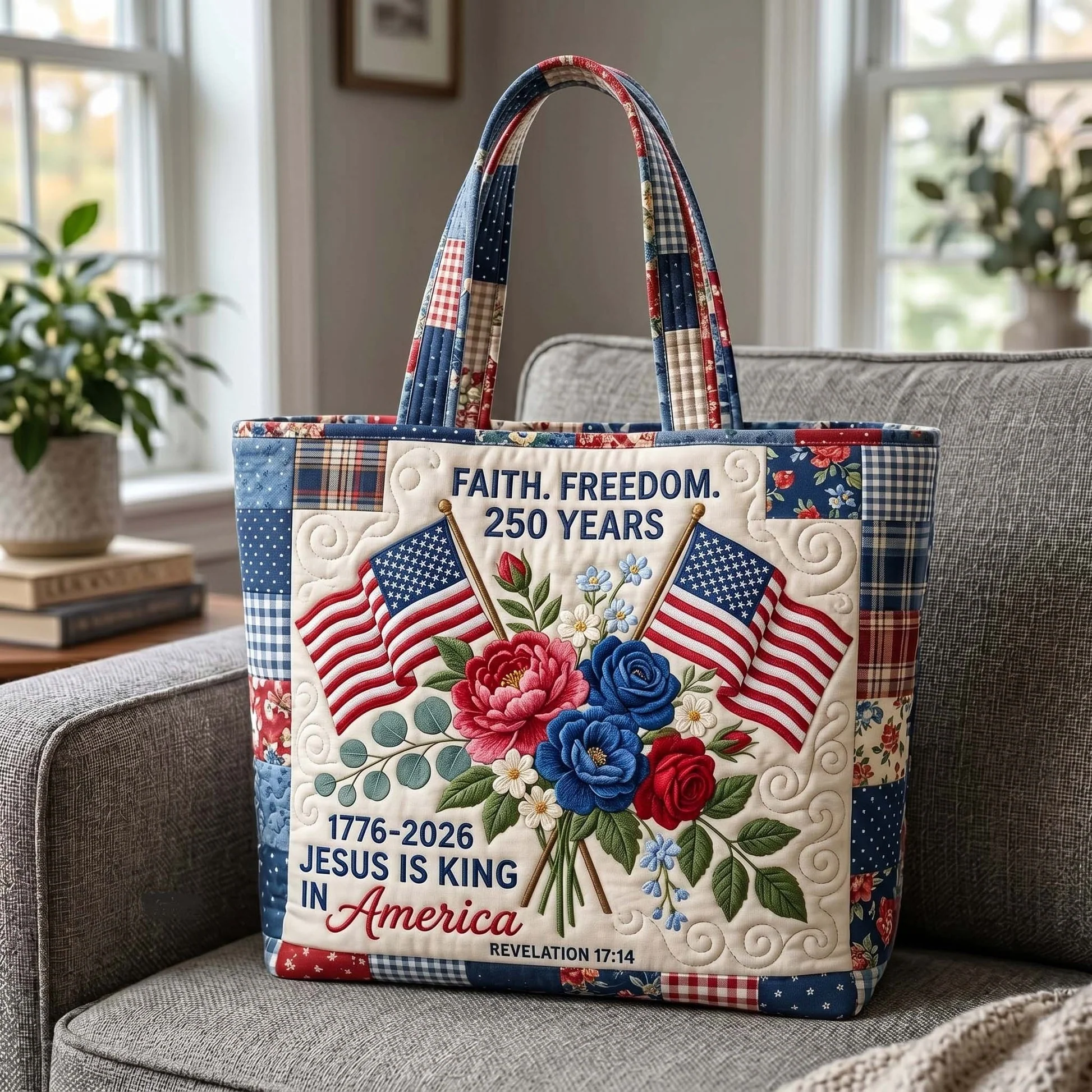 Faith Freedom 250 Years Jesus Is King In America - Patriotic Quilted Tote Bag - Gift For Her, Patriots