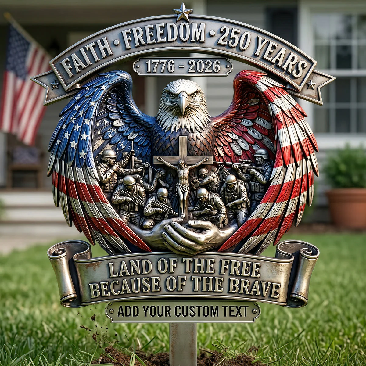 Faith Freedom 250 Years USA Eagle And Soldiers Land of the Free - Personalized Metal Sign - Gift For Patriotic Family - Image 4