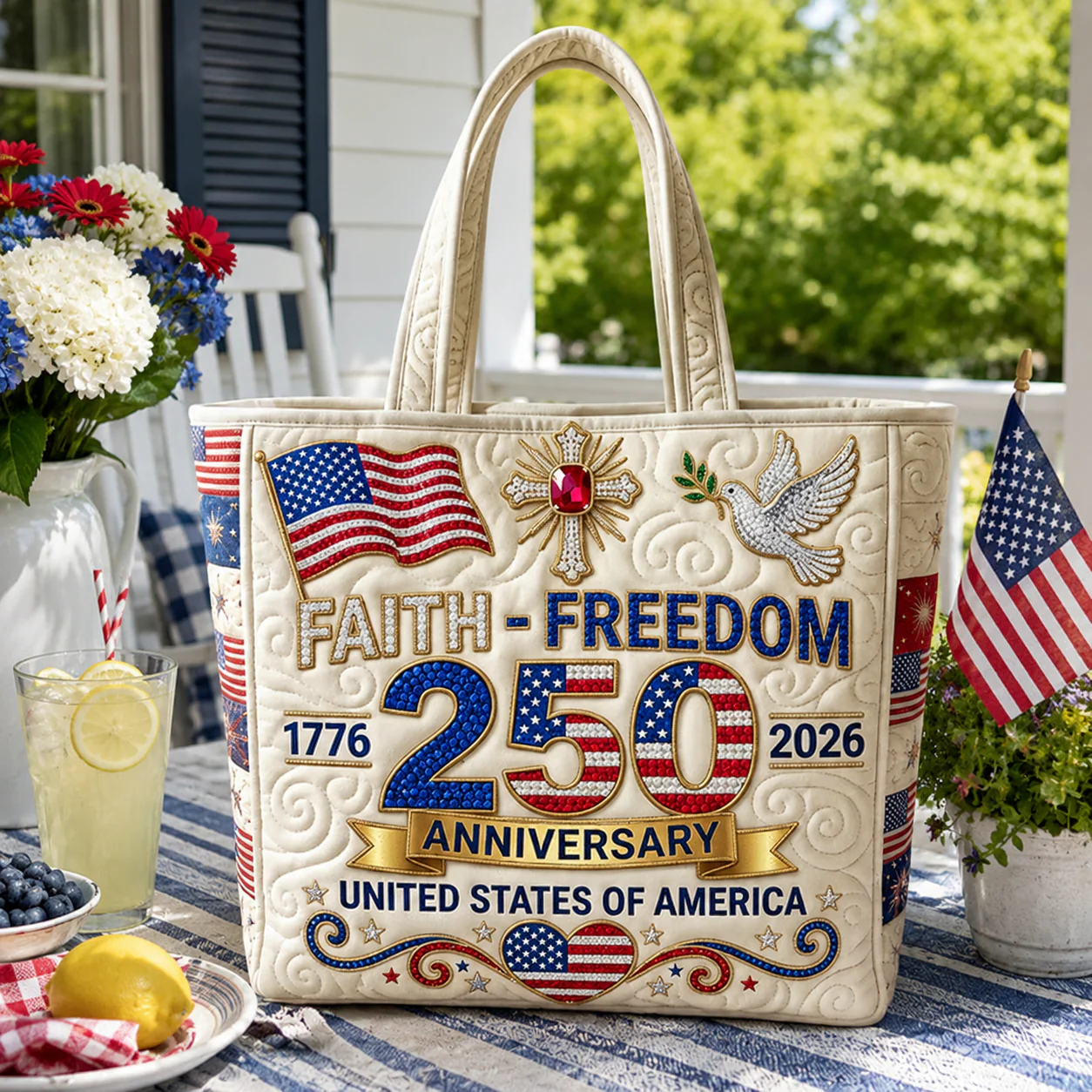Faith Freedom 250th Anniversary USA Flag Heart - Personalized Patriotic Quilted Tote Bag - Gift For Her - Image 2