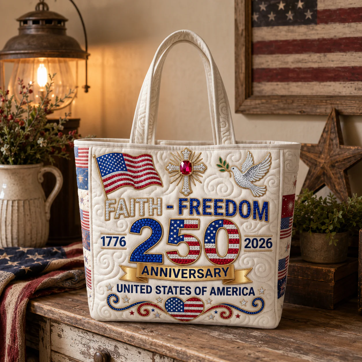 Faith Freedom 250th Anniversary USA Flag Heart - Personalized Patriotic Quilted Tote Bag - Gift For Her - Image 4