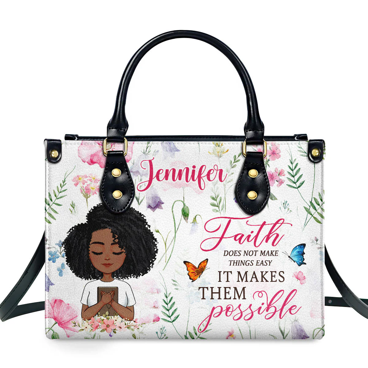 Faith Makes It Possible - Custom Name Floral Leather Handbag - Christian Gift For Her HD95