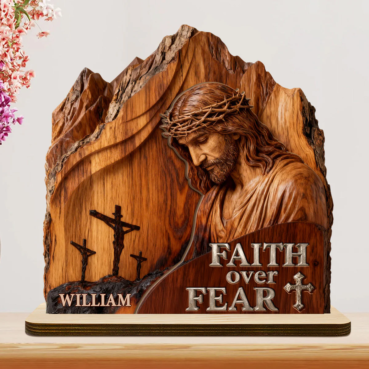 Faith Over Fear - Personalized 2-Layer Wood Plaque - Christian Gift For Him - Image 3