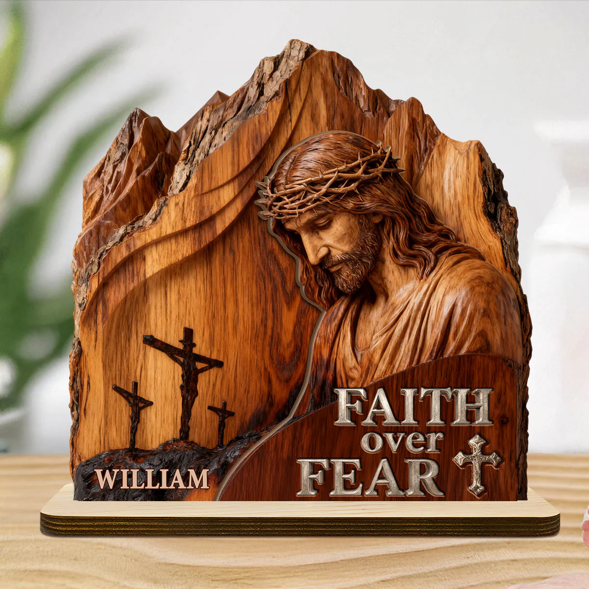 Faith Over Fear - Personalized 2-Layer Wood Plaque - Christian Gift For Him - Image 4